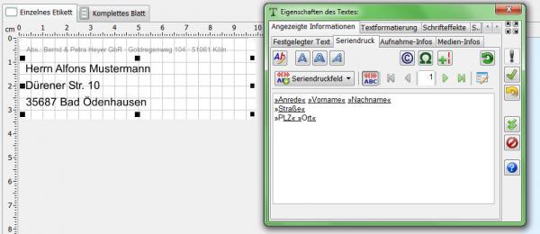 Heyer's Etiketten-Studio Pro - Text: Seriendruck